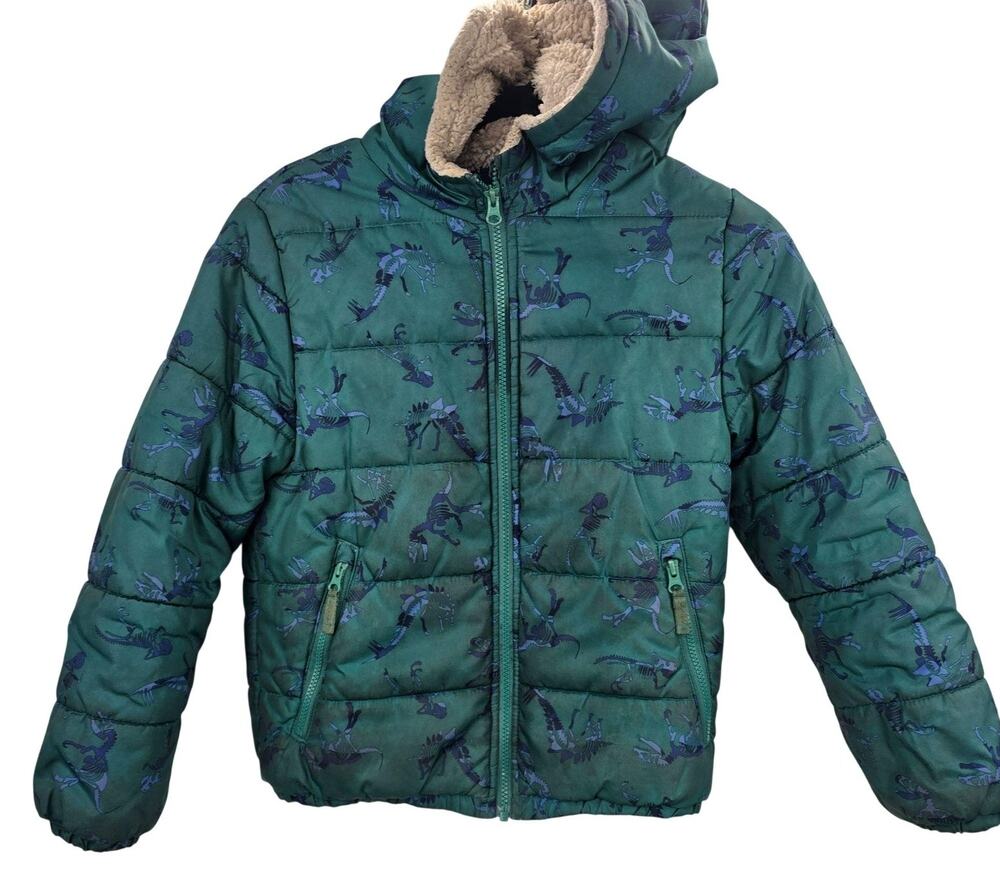 OshKosh B'gosh Coat Boys 10 Dinosaur Green Puffer Hood Dino Winter Sherpa Lined